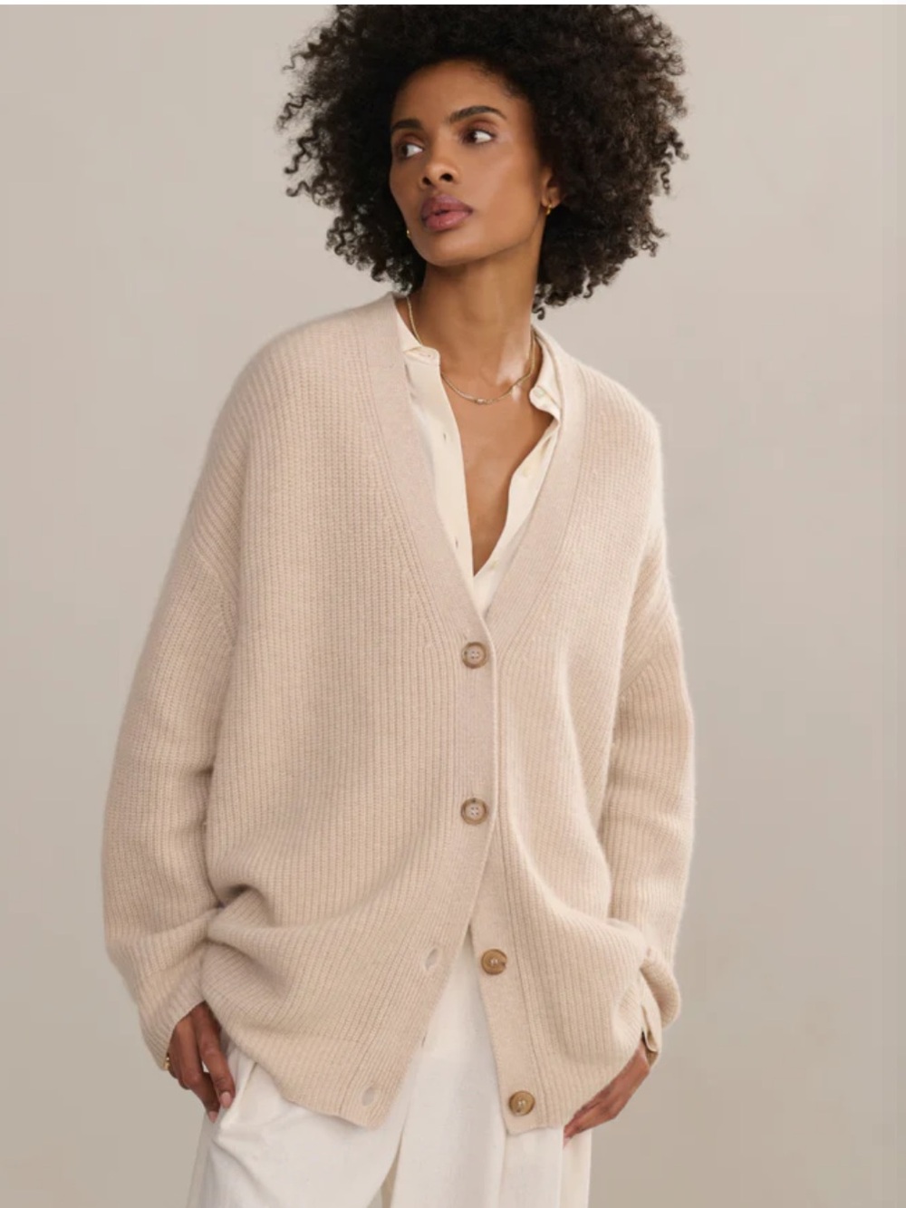 Jenni Kayne Cocoon Cashmere Soft Oatmeal Ribbed Button-Front Cardigan Size Small